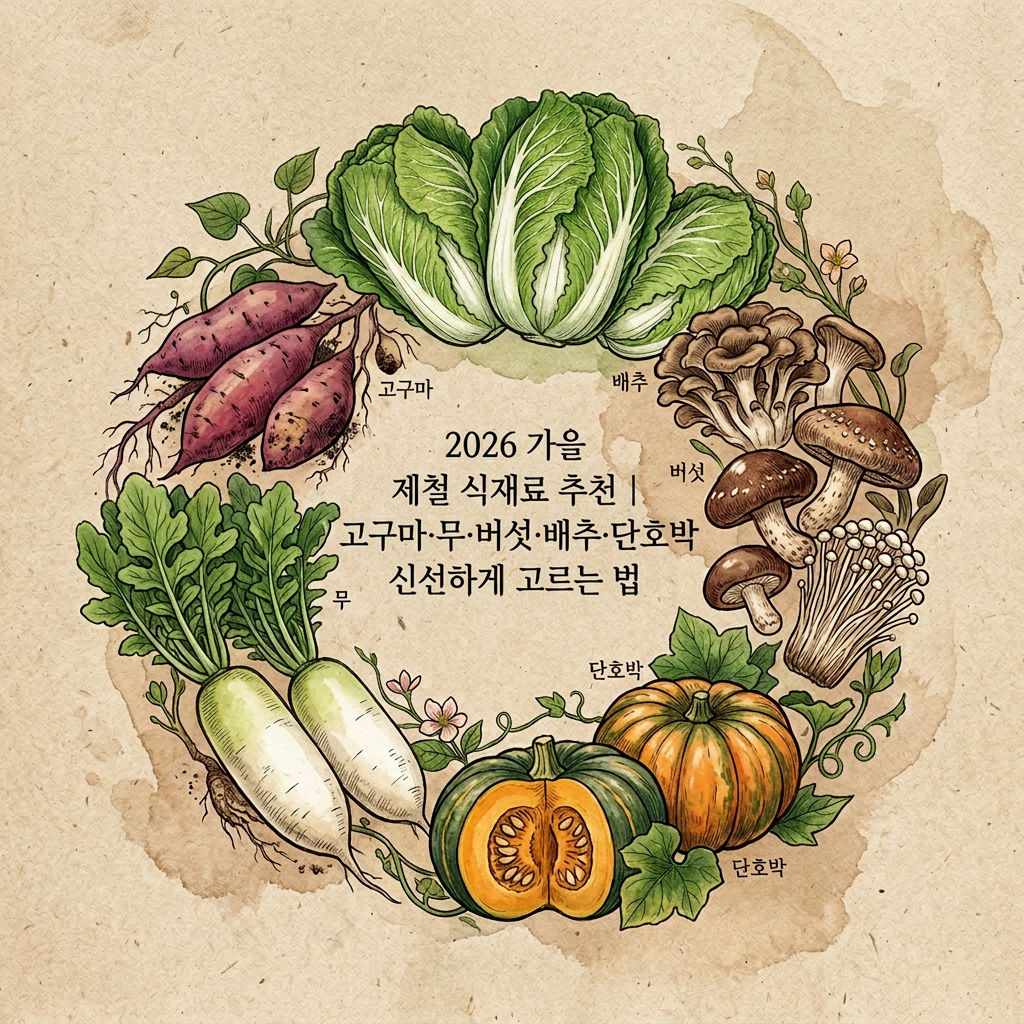 Illustrated sweet potatoes, napa cabbage, mushrooms, radishes, and kabocha squash labeled 고구마, 배추, 버섯, 무, 단호박