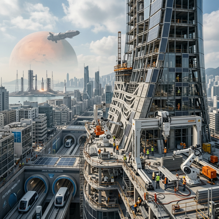 Construction robots and workers build a solar-paneled tower above futuristic city transit tunnels, with a hovering spacecraft and giant planet in the sky