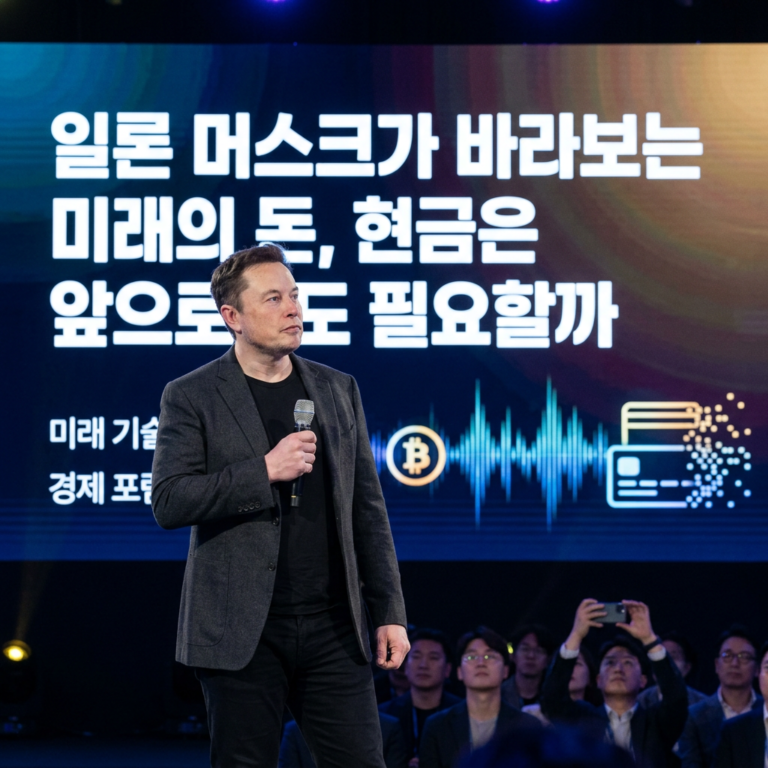 Elon Musk holding a microphone before Korean text about cash and future money